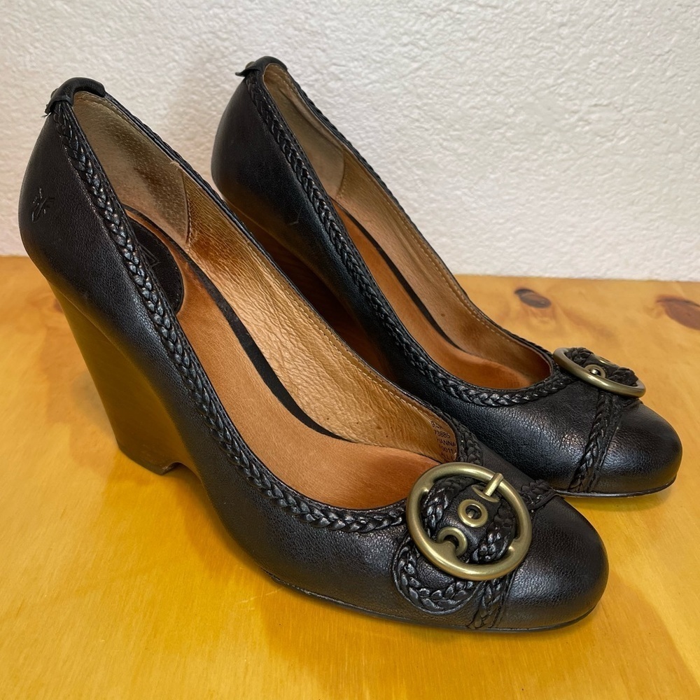 Frye Leather Hannah Pump Black Close Toe Slip On Wedge Women's Size 9.5
